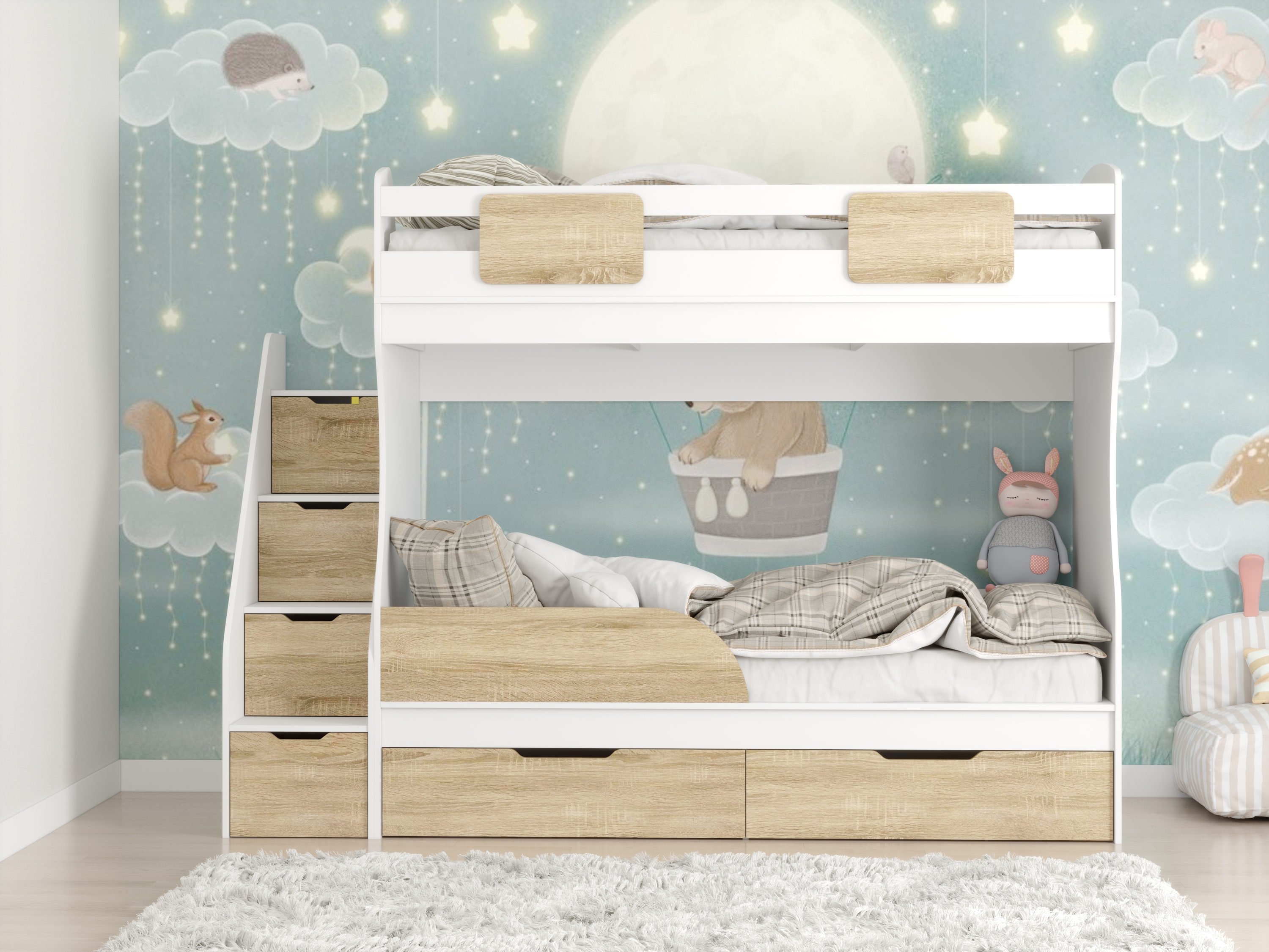 Двухъярусная кровать Дуэт (белый+дуб сонома) с бортиком