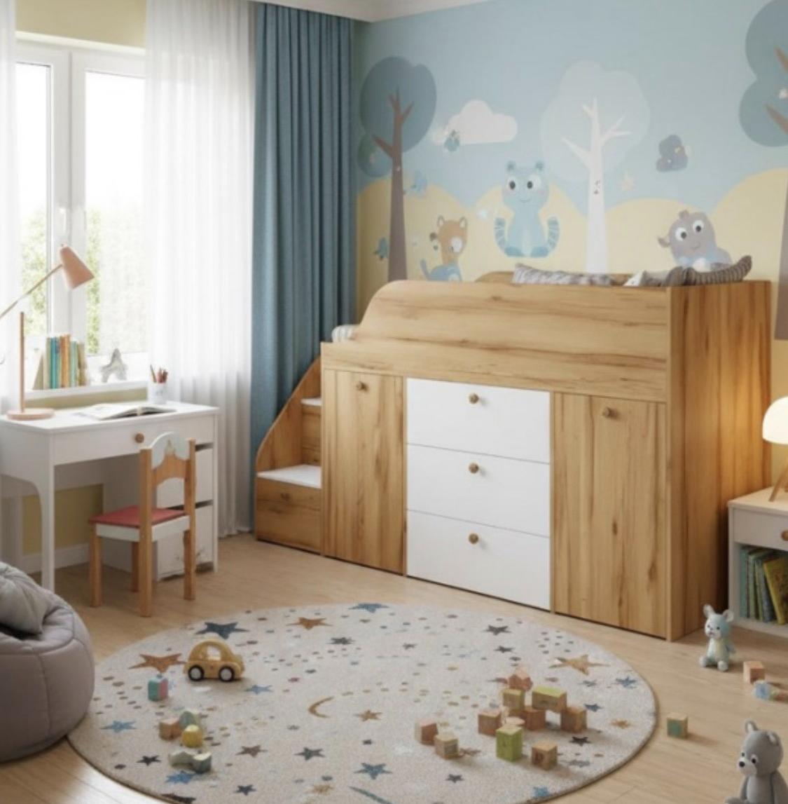 Кровать-чердак Хэппи-2 (дуб золотистый + белый) 180х80