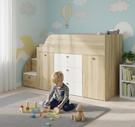 Кровать-чердак Хэппи-2 (дуб золотистый + белый) 180х80 от Династия Kids