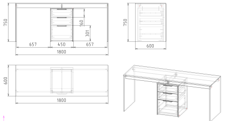 Стол для 2 детей Тандем 1800 мм (корпус дуб сонома + фасады белые) от Династия Kids