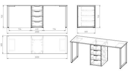 Стол Дуэт 2000 мм (дуб каньон + опоры черные). Столешница 22 мм от Династия Kids