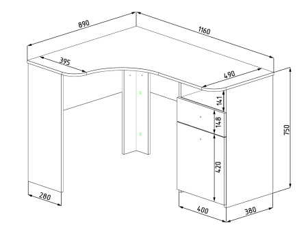 Стол угловой 1160 мм Умка NEW (ручки - дуб) от Династия Kids