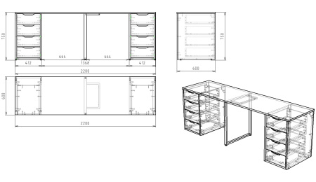 Стол Дуэт 2200 мм (две тумбы) белый + опора черная. Столешница 22 мм от Династия Kids