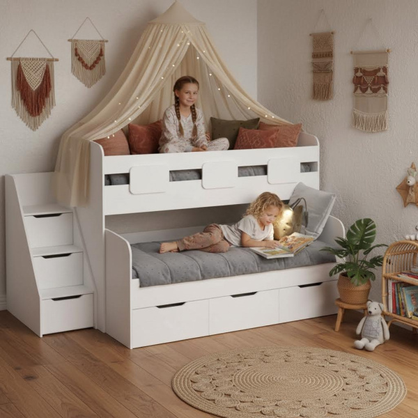 Кровать 2-х ярусная Городок (цвет белый) 190х90 + 180х80 от Династия Kids